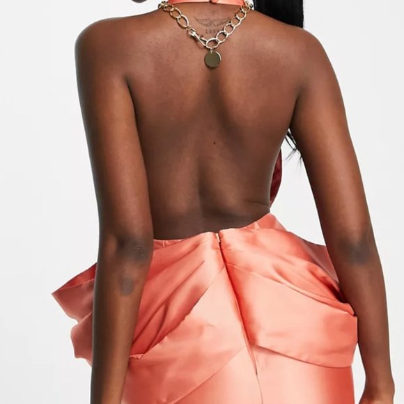 Luxe Satin Halter Bow Sleeve Mini Dress in Coral - Picture 2 of 7